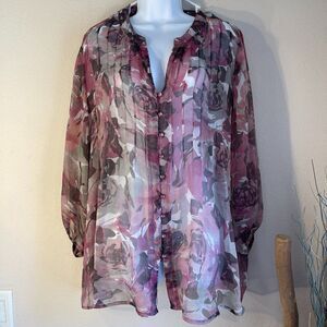 Avenue Sheer Floral Chiffon Blouse Button Front Mauve Burgundy Plus Size 22 24